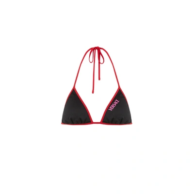 Shop Versace La Greca Reversible Bikini Top In Red