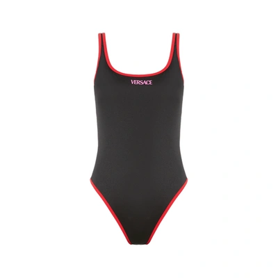 Shop Versace La Greca Reversible Swimsuit In Red