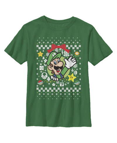 Shop Nintendo Boy's  Ugly Christmas Luigi Wreath Child T-shirt In Kelly Green