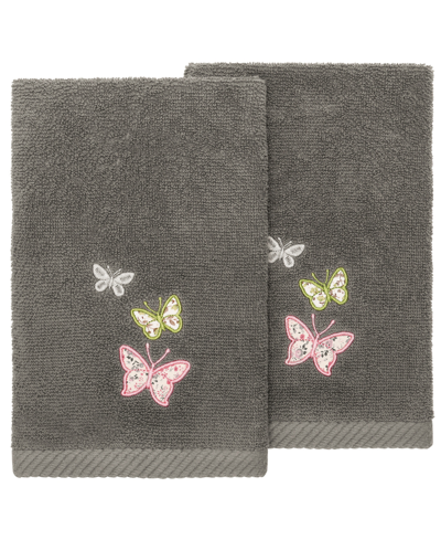 Linum Home Textiles Turkish Cotton Mariposa Embellished Fingertip Towel Set, 2 Piece In Charcoal