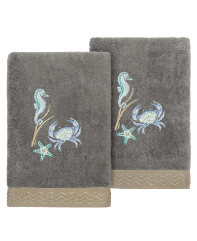 Linum Home Turkish Cotton Aaron Embellished 2-pc. Hand Towel Set In Charcoal