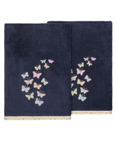 Linum Home Textiles Turkish Cotton Mariposa Embellished Bath Towel Set, 2 Piece In Marine