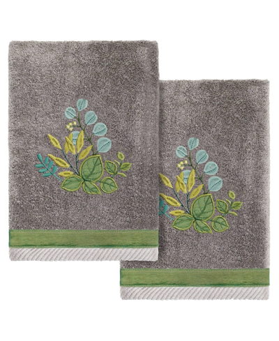 Linum Home Turkish Cotton Botanica Embellished 2-pc. Hand Towel Set In Charcoal
