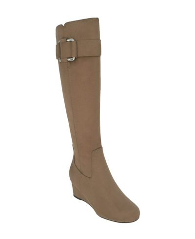 Shop Impo Women's Genia Memory Foam Stretch Wide Calf Knee High Wedge Boots In Hummus