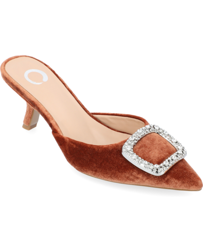 Shop Journee Collection Women's Rishie Ornamented Kitten Heel Velvet Slip On Pumps In Brown