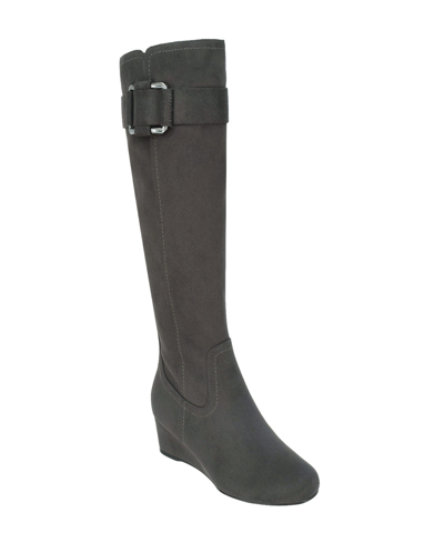 Shop Impo Women's Genia Wide Calf Stretch Wedge Knee High Boots In Gunmetal