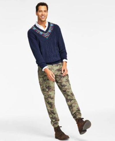 Shop Nautica Mens Cable Plaid V Neck Sweater Camo Pant Ensemble In Light French Blue