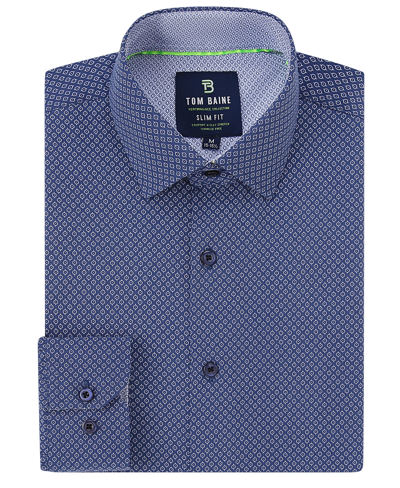 Shop Tom Baine Men's Slim Fit Performance Long Sleeve Geometric Button Down Dress Shirt In Navy Geo