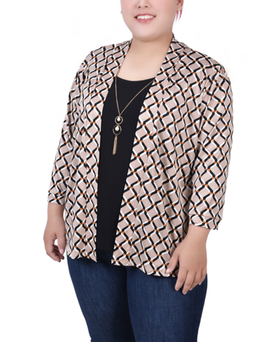 Shop Ny Collection Plus Size 3/4 Sleeve Two-fer Top In Doeskin Geo