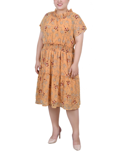 Shop Ny Collection Plus Size Short Sleeve Smocked Waist Dress In Gold Ditsy Floral