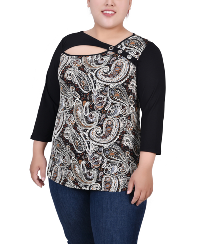 Ny Collection Plus Size 3/4 Sleeve Puff Print Cutout Top In Brown Paisley