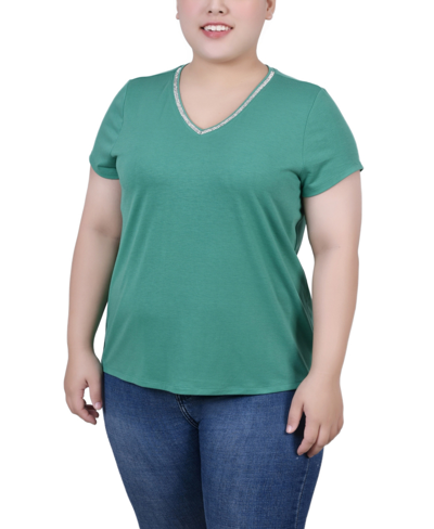 Shop Ny Collection Plus Size Short Sleeve T-shirt With Stone Details In Emerald