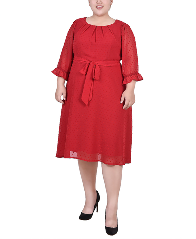 Shop Ny Collection Plus Size 3/4 Sleeve Belted Swiss Dot Dress In Jester Red