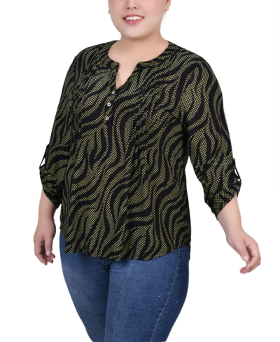 Ny Collection Plus Size 3/4 Roll Tab Pullover Top In Black Herbal Zebra