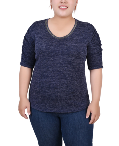 Shop Ny Collection Plus Size Rouched Sleeve Top In Navy