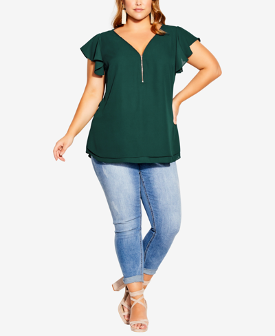Shop City Chic Trendy Plus Size Zip Fling V-neck Top In Jade