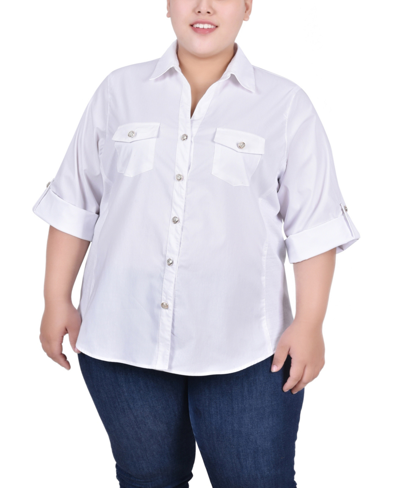 Shop Ny Collection Plus Size Roll Tab Blouse With Rib Insets In White