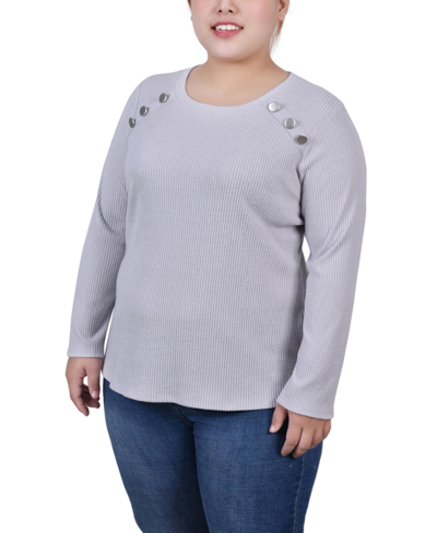 Ny Collection Plus Size Long Sleeve Ribbed Button Detail Top In Light Charcoal