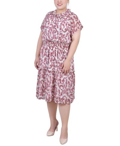 Ny Collection Petite Short Sleeve Smocked Waist Dress In Burgundy Paisley Floral