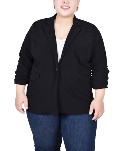 Shop Ny Collection Plus Size 3/4 Rouched Sleeve Crepe Blazer In Black Black Red Chain