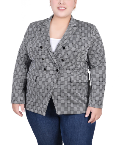Ny Collection Plus Size Long Sleeve Double Breasted Blazer In Black White Plaid