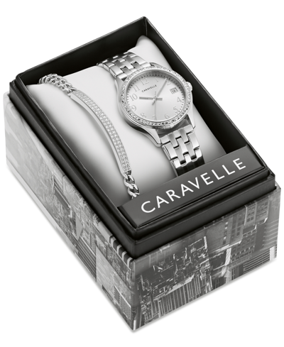 Shop Caravelle Designed By Bulova Women's Crystal Stainless Steel Bracelet Watch 32mm Gift Set In Silver-tone