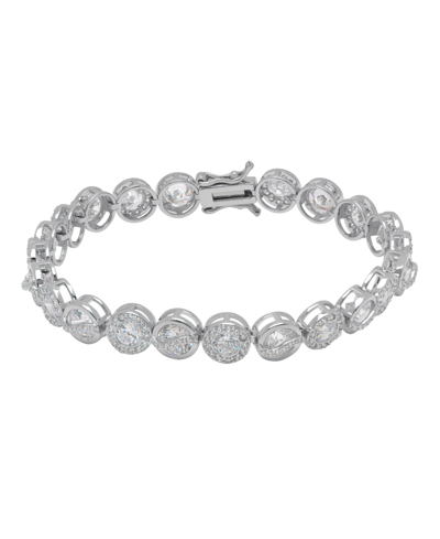 MACY'S FINE SILVER PLATED CUBIC ZIRCONIA ROUND HALO AND BEZEL LINK BRACELET 