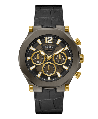 Shop Guess Men's Multi-function Black And Gunmetal Genuine Leather And Silicone Watch 46mm