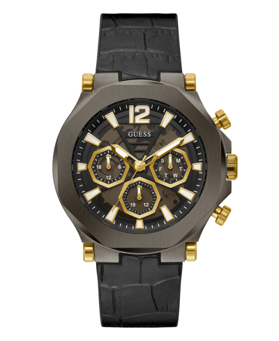 Guess Men's Multi-function Black And Gunmetal Genuine Leather And Silicone Watch 46mm In Gunmetal
