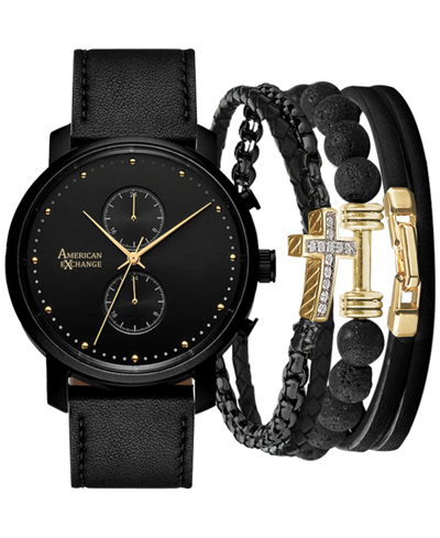 Shop American Exchange Men's Black Faux-leather Strap Watch 44mm Gift Set
