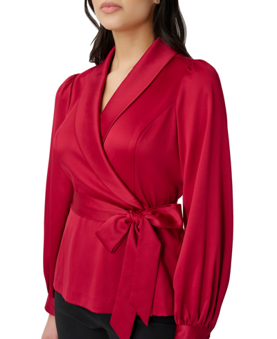 Shop Adrianna Papell Women's Shawl-collar Tie-waist Wrap Shirt In Matador Red