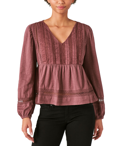 Shop Lucky Brand Bohemian Pintuck Lace Long Sleeve Top In Huckleberry