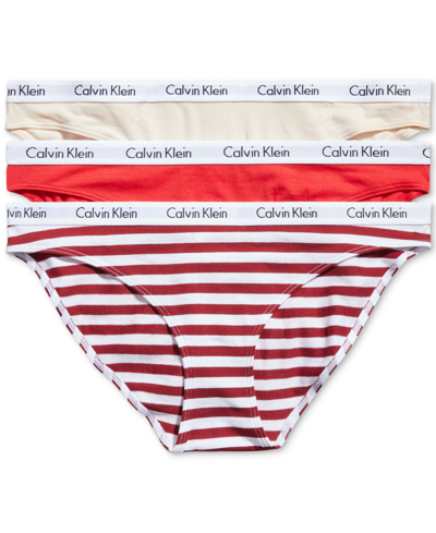 Shop Calvin Klein Women's Carousel Cotton 3-pack Bikini Underwear Qd3588 In Tapioca/exact/rainer Stripered Carpet