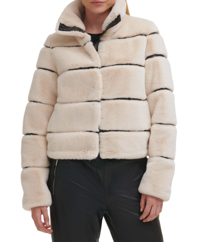 Shop Karl Lagerfeld Womens Faux-leather Trim Faux-fur Short Coat In Oyster