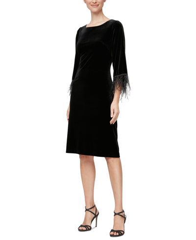 Shop Alex & Eve Women's Scoop-neck Feather-trim Shift Dress In Black