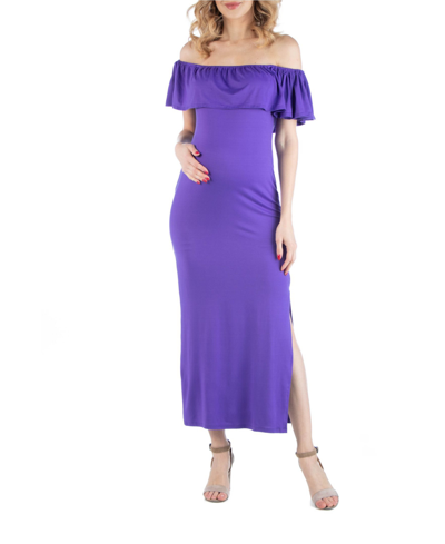 Shop 24seven Comfort Apparel Off Shoulder Ruffle Detail Maternity Maxi Dress In Purple