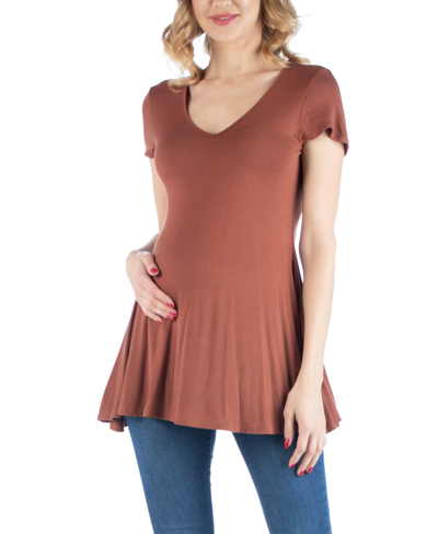 Shop 24seven Comfort Apparel Cap Sleeve Maternity Tunic Top With Soft Flare Hem In Brown