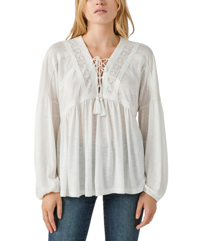 Shop Lucky Brand Women's Tie-neck Lace-trim Peasant Top In Whisper White