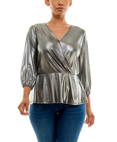 Shop Adrienne Vittadini Women's 3/4 Sleeve Liquid Metallic Peplum Top With Surplice Wrap Front In Silver Metallic