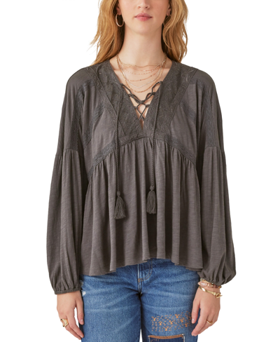 Shop Lucky Brand Women's Tie-neck Lace-trim Peasant Top In Raven