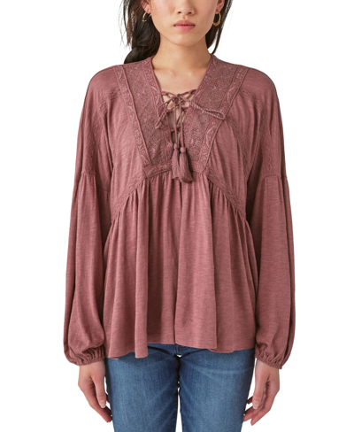 Shop Lucky Brand Women's Tie-neck Lace-trim Peasant Top In Rose Brown