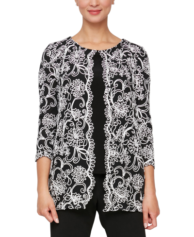 Shop Alex Evenings Women's Embroidered Layered-look Scoop-neck Top In Black White