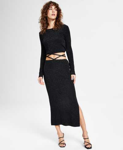 Shop Lucy Paris Women's Bowery Glitter Knit Tie-waist Crop Sweater In Black