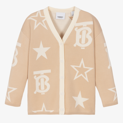 Shop Burberry Girls Beige Monogram Knitted Cardigan