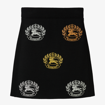 Shop Burberry Girls Black Wool Logo Skirt