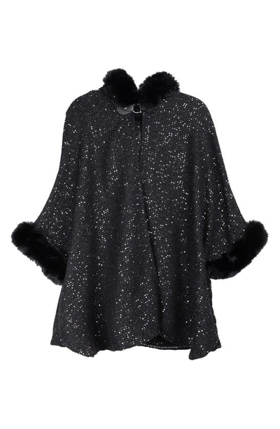 Saachi Stars Faux Fur Trim Hooded Ruana In Black