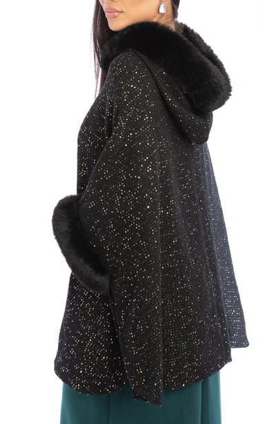 Saachi Stars Faux Fur Trim Hooded Ruana In Black