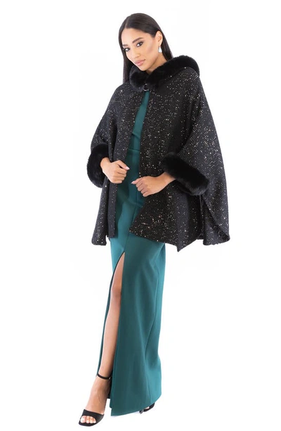 Saachi Stars Faux Fur Trim Hooded Ruana In Black