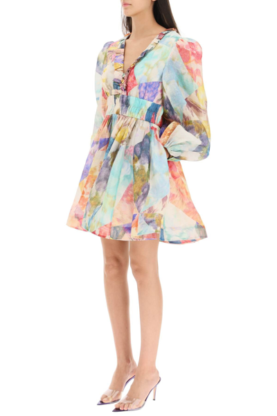 Shop Zimmermann 'high Tide' Linen And Silk Short Dress In Multicolor