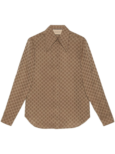 Shop Gucci `gg` Silk Shirt In Beige